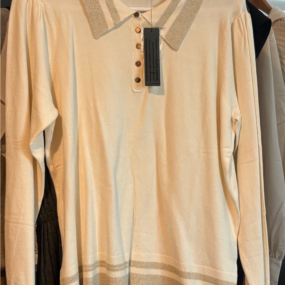 Belldini Ecru w Metallic Champagne Sweater and Gold Button Accents